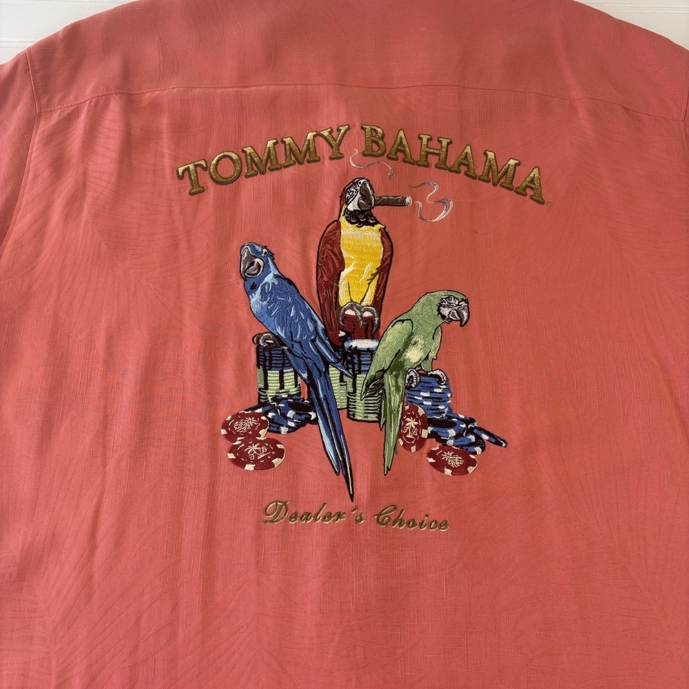 Tommy Bahama Embroidered Dealer's Choice Parrot Silk Shirt Peach Men's‎ Sz Large